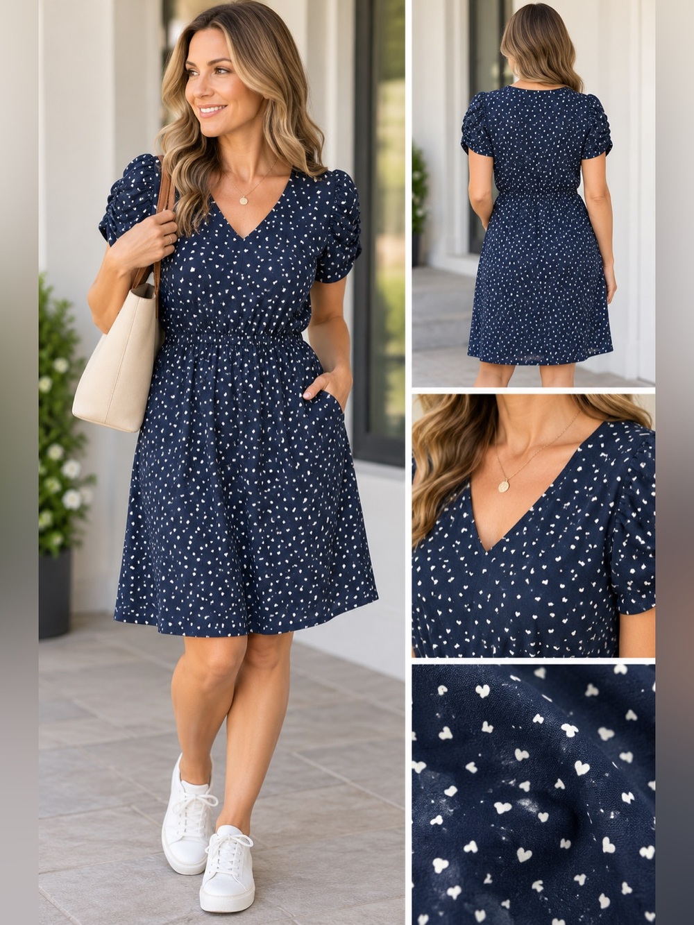 Banana Republic Navy Heart Print V-Neck Puff Sleeve Dress Womenβs M